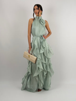 Abito in Chiffon con Volant Verde Salvia