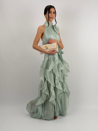 Abito in Chiffon con Volant Verde Salvia