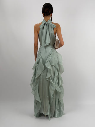 Abito in Chiffon con Volant Verde Salvia