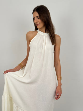 Abito Lungo Halter con Balza Crema