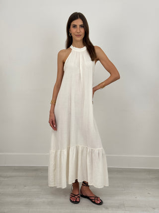 Abito Lungo Halter con Balza Crema
