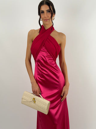Abito Lungo con Collo Incrociato Fucsia