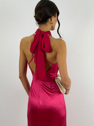 Abito Lungo con Collo Incrociato Fucsia