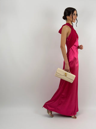 Abito Lungo con Collo Incrociato Fucsia