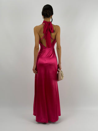 Abito Lungo con Collo Incrociato Fucsia