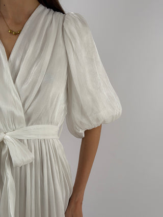 Abito in Chiffon con Maniche a Palloncino Bianco