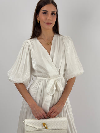 Abito in Chiffon con Maniche a Palloncino Bianco