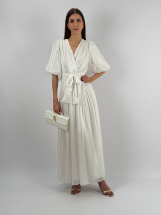 Abito in Chiffon con Maniche a Palloncino Bianco