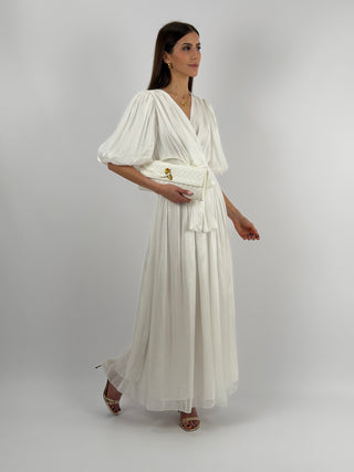 Abito in Chiffon con Maniche a Palloncino Bianco