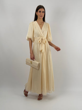 Abito in Chiffon con Maniche a Palloncino Crema