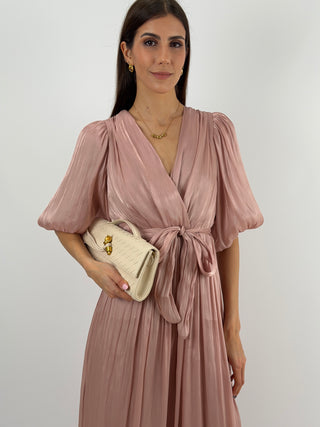 Abito in Chiffon con Maniche a Palloncino Rosa Antico