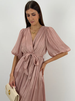 Abito in Chiffon con Maniche a Palloncino Rosa Antico