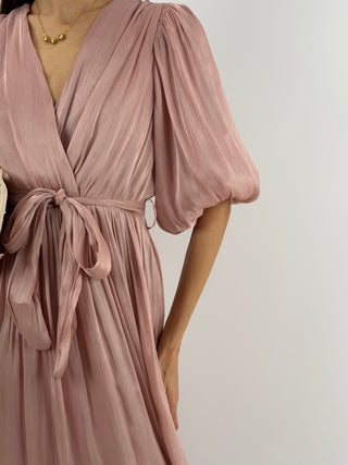 Abito in Chiffon con Maniche a Palloncino Rosa Antico