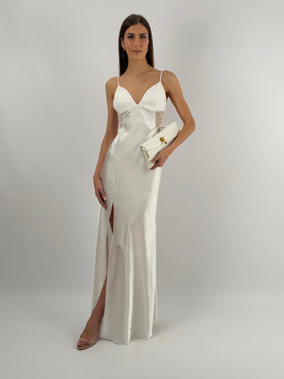 Abito Lungo in Satin con Pizzo Bianco