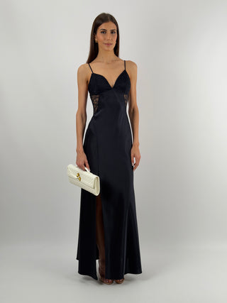 Abito Lungo in Satin con Pizzo Blu