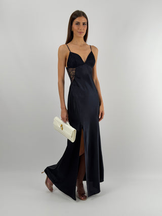 Abito Lungo in Satin con Pizzo Blu