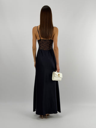 Abito Lungo in Satin con Pizzo Blu