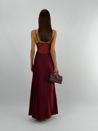 Abito Lungo in Satin con Pizzo Bordeaux