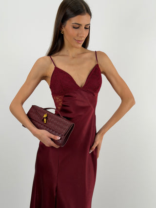 Abito Lungo in Satin con Pizzo Bordeaux