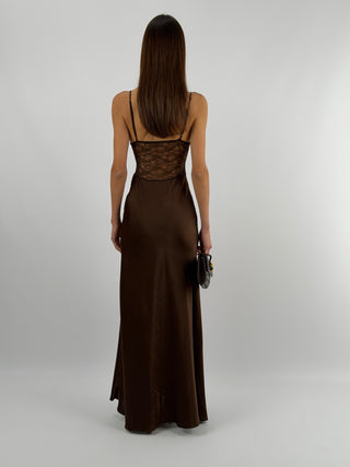 Abito Lungo in Satin con Pizzo Marrone
