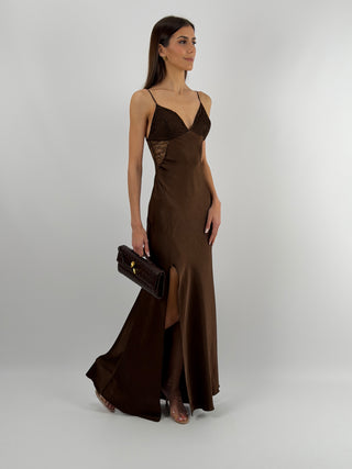 Abito Lungo in Satin con Pizzo Marrone