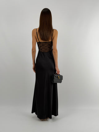 Abito Lungo in Satin con Pizzo Nero