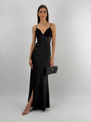 Abito Lungo in Satin con Pizzo Nero