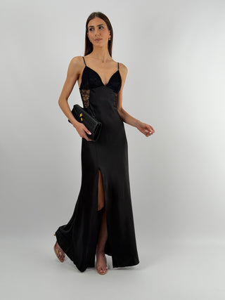 Abito Lungo in Satin con Pizzo Nero