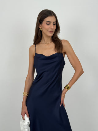 Abito Satin con Scollo Morbido Blu