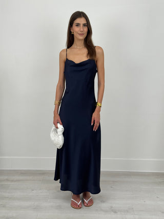 Abito Satin con Scollo Morbido Blu