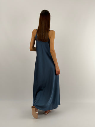 Abito Lungo in Satin Blu Petrolio