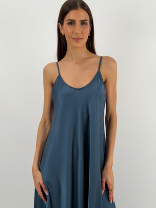 Abito Lungo in Satin Blu Petrolio