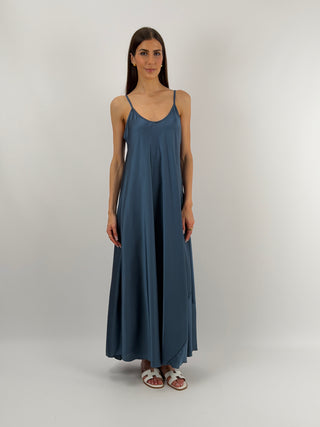 Abito Lungo in Satin Blu Petrolio