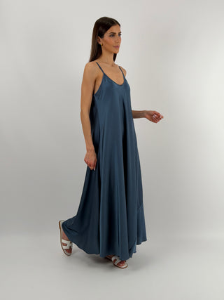 Abito Lungo in Satin Blu Petrolio