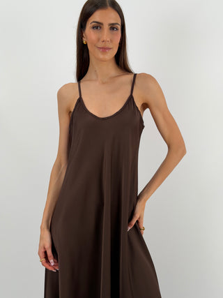 Abito Lungo in Satin Marrone