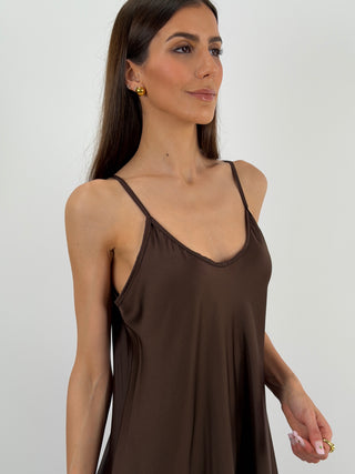 Abito Lungo in Satin Marrone