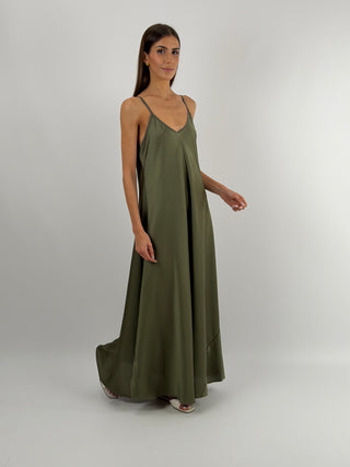 Abito Lungo in Satin Verde Militare