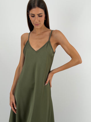 Abito Lungo in Satin Verde Militare