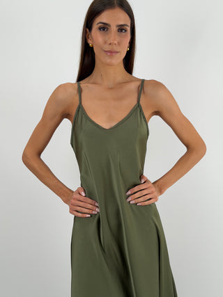 Abito Lungo in Satin Verde Militare