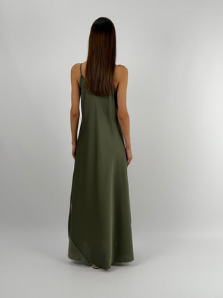 Abito Lungo in Satin Verde Militare