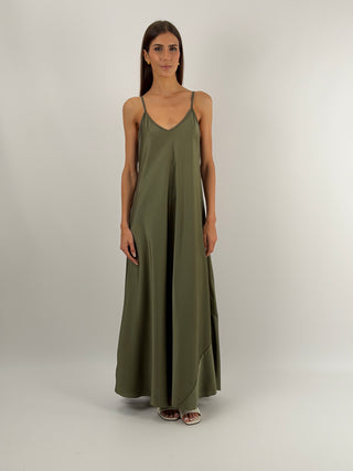 Abito Lungo in Satin Verde Militare