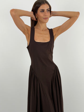 Abito Lungo Marrone in Cotone Lumina