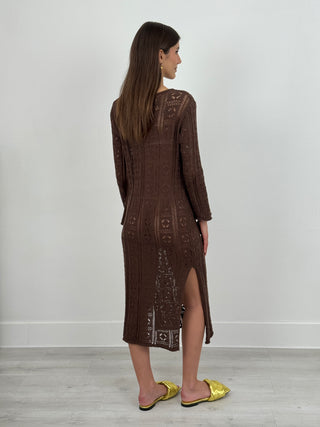 Abito Crochet a Manica Lunga Nizza Marrone