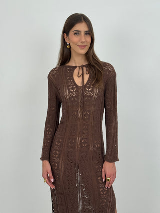 Abito Crochet a Manica Lunga Nizza Marrone