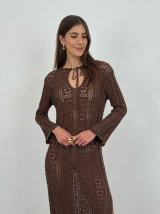 Abito Crochet a Manica Lunga Nizza Marrone
