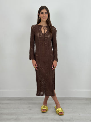Abito Crochet a Manica Lunga Nizza Marrone