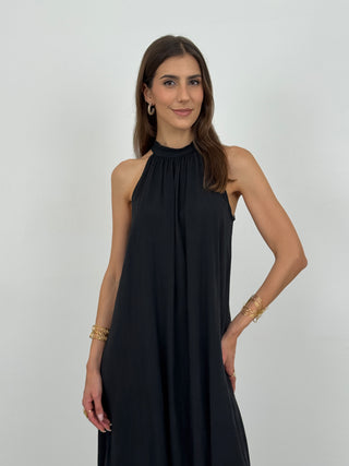 Abito Lungo Halter con Balza Nero