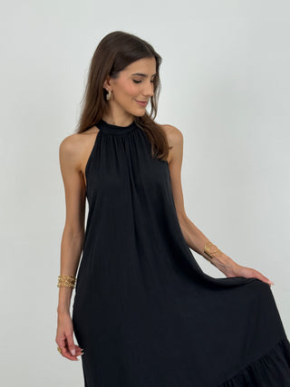 Abito Lungo Halter con Balza Nero