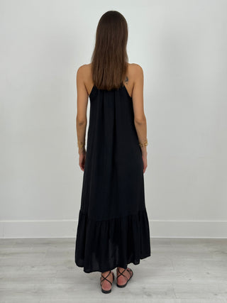 Abito Lungo Halter con Balza Nero