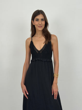 Abito Lungo con Top Crochet Nero